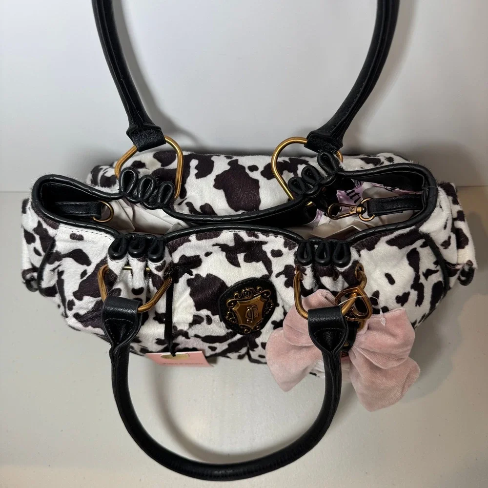 Juicy Couture Romance Cow Print Satchel Bag Faux Fur Pink Bow Heart Charm BW